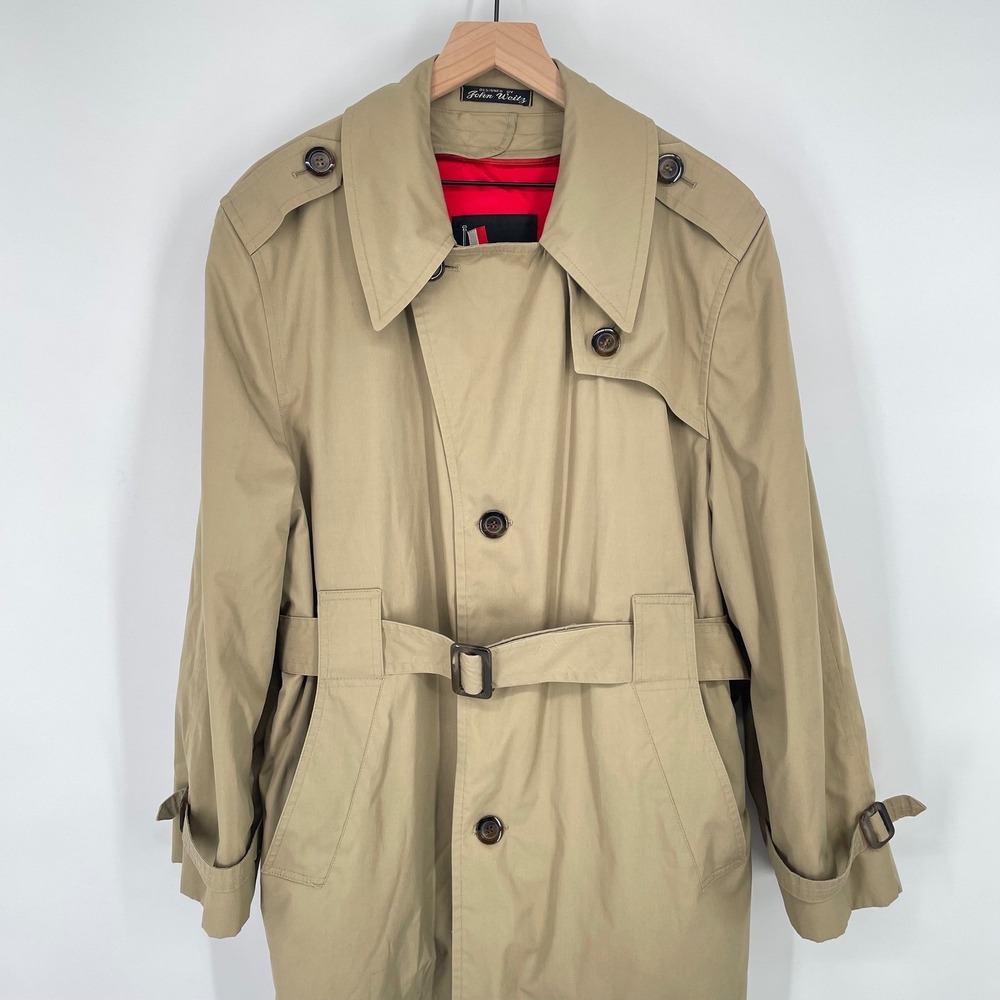 VTG Harbor Master Beige Trench Coat‎ Red Wool Liner Classic Academia Men 44R